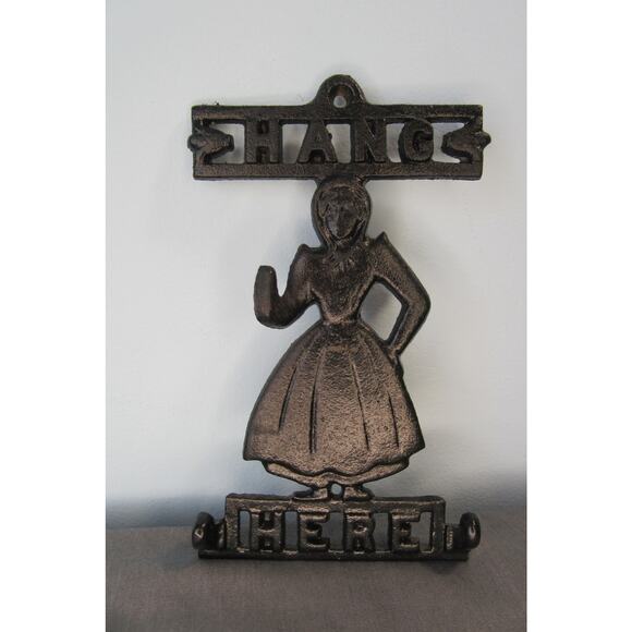 Vtg 6" Cast Iron Hang Here Cloth Pot Holder Key Holder Hooks Old Fashion Girl - Picture 1 of 6